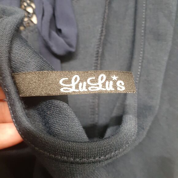 Lulu's Bodycon Lace Top Open Back Navy Blue Size Small Elegant Cocktail Dress - Picture 6 of 13